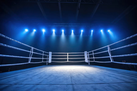 Empty boxing ring in a dark room with bright spotlights and smokeの素材
