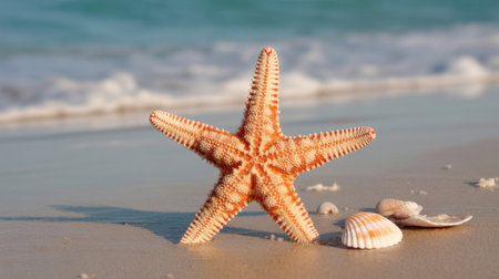 A vibrant orange starfish rests on a sandy beach with seashells and gentle ocean waves in the background.の素材