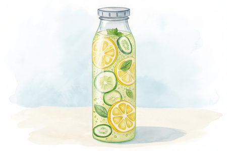 Watercolor illustration of lemonade with cucumber and mint in a glass bottleの素材