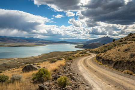 A winding dirt road curves through dry, grassy hills towards a large lake under a dramatic, cloudy sky.の素材