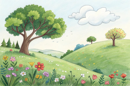 A charming watercolor illustration of a vibrant spring meadow filled with colorful flowers and rolling green hills under a soft sky.の素材
