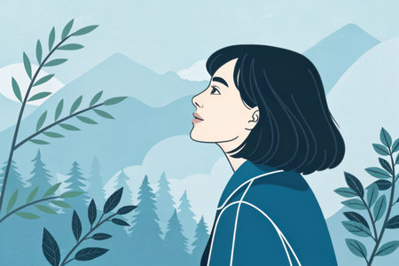 A woman in profile gazes upwards at a serene, misty mountain landscape with trees and foliage.の素材