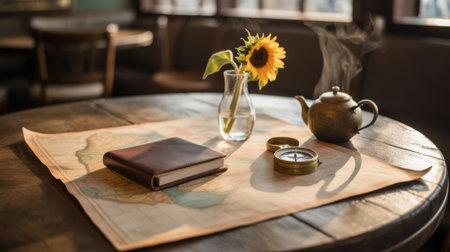A vintage scene on a wooden table with a map, compass, teapot, sunflower, and book.の素材