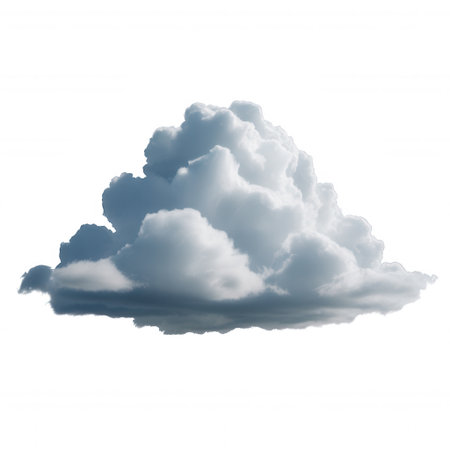 A single, bright cumulus cloud with gray shadows is isolated on a pure white background.の素材