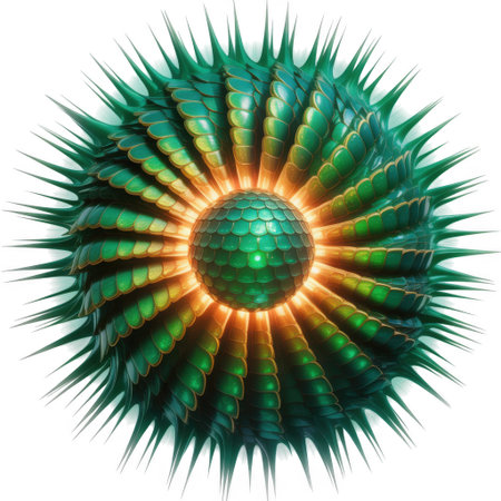 A glowing green orb emits golden light, surrounded by spiky, layered green petals radiating outwards.の素材