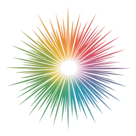 A white background features a radial burst of sharp, pointed rays in a rainbow gradient from green to red and purple.の素材