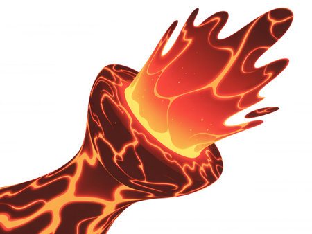 A stylized illustration of molten lava flowing and splashing with intense orange and red hues against a white background.の素材