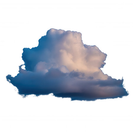 A single cumulus cloud isolated on a white background, illuminated by warm light and edged with deep blue tones.の素材