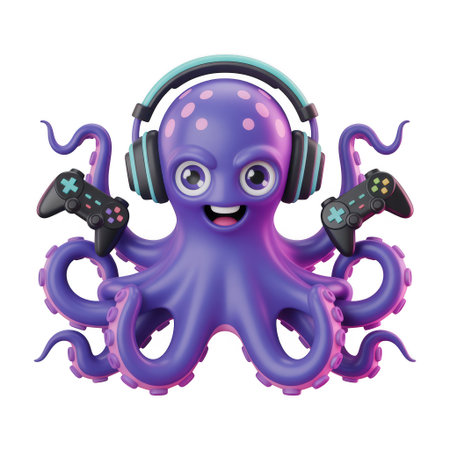 A purple cartoon octopus character with pink dots wears headphones and holds two game controllers with its tentacles.の素材