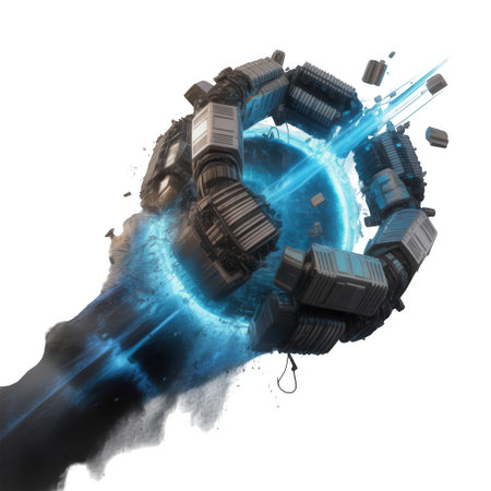 A complex mechanical arm grasps a vibrant blue glowing energy portal against a stark white background.の素材