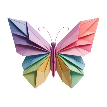 A rainbow colored origami butterfly made of folded paper floats against a white background.の素材