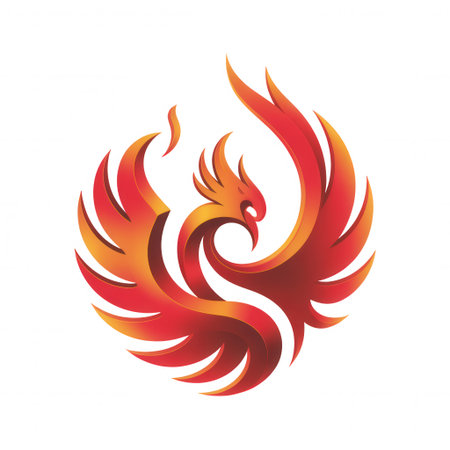 A stylized 3d phoenix bird with fiery orange and red gradient wings is depicted against a transparent background.の素材