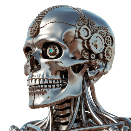 A polished chrome steampunk skull with visible gears and turquoise glowing eyes against a white background.の素材