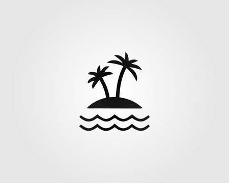 A black silhouette of a small island with two palm trees stands above three wavy lines representing water.のイラスト素材