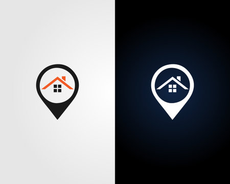 A split image shows two location pin icons. The left icon is black with an orange house inside. The right icon is white with a white house inside on a dark blue background.のイラスト素材