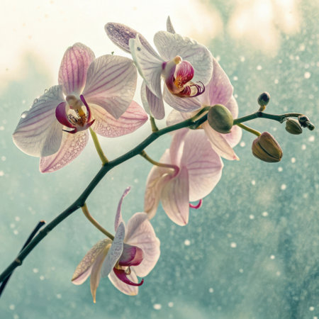 Soft pink and white orchid flowers with delicate stripes and water droplets on their petals.の素材