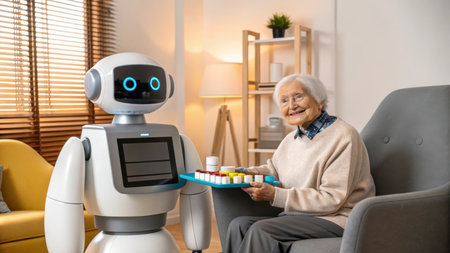 A white robot with blue glowing eyes offers a tray of medication to a smiling elderly woman seated in a chair in a well-lit living room.の素材