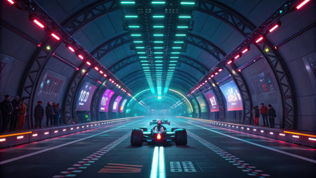 A futuristic race car sits in a neon-lit tunnel with digital screens displaying information and spectators watching.の素材