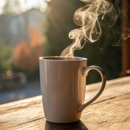 A white ceramic mug filled with a hot beverage emits swirling steam against a blurred outdoor background with autumn foliage.の素材