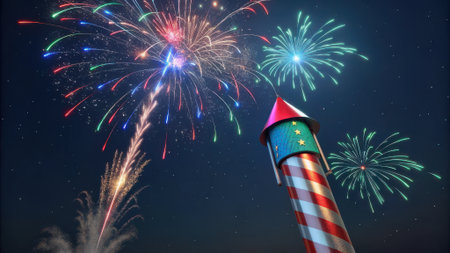 A festive night sky filled with colorful fireworks bursts of red blue green and yellow. A striped rocket with a red tip and star accents stands in the foreground.の素材