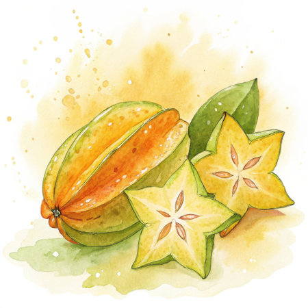 A whole starfruit and two star-shaped slices are depicted with green leaves against a yellow and green watercolor splash background.の素材