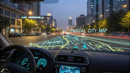 View from inside a car at night showing a holographic digital city map projected onto the windshield with illuminated streets and buildings.の素材