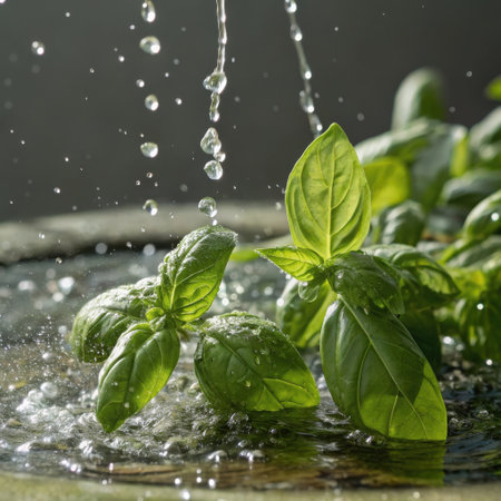 Close-up of vibrant green basil leaves with clear water droplets glistening on their surfaces. Water streams down, creating splashes and ripples.の素材