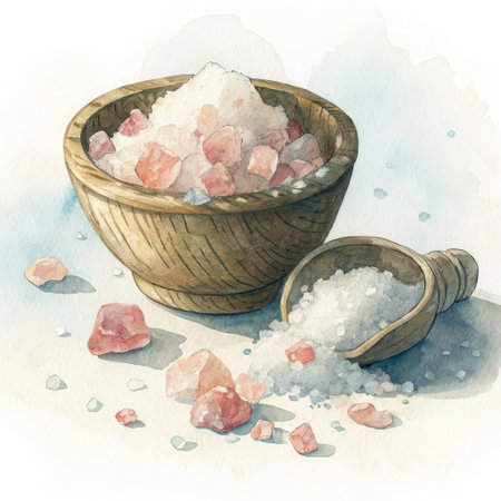 Watercolor painting of pink and white salt crystals in a wooden bowl and scoop with scattered pieces and soft watercolor shadows.の素材