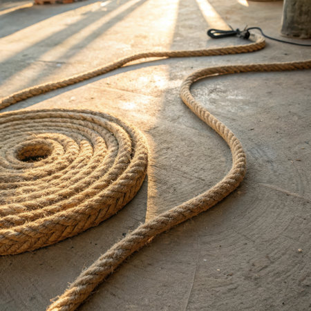 A thick, natural jute rope is coiled in a spiral on a textured concrete surface. Sunlight casts long shadows across the ground.の素材