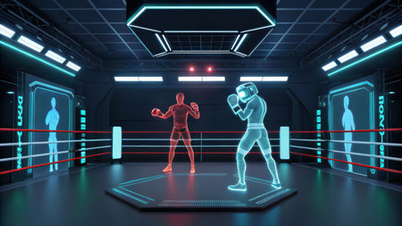 A futuristic boxing ring with neon blue and red lights. Two boxers face off, one solid red and the other a blue wireframe hologram.の素材