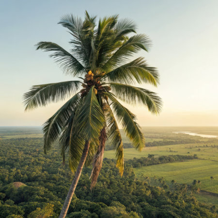 A single tall palm tree with lush green fronds dominates the frame from a bird's eye view, set against a hazy sky and a sprawling landscape of green fields and dense forest.の素材
