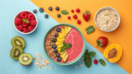 A vibrant smoothie bowl with mango slices, blueberries, granola, and mint sits on a split blue and orange background with scattered fruits and oats.の素材