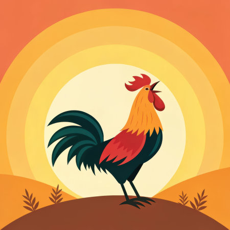 Stylized flat icon of a rooster crowing at sunrise. The rooster is red, orange, green, and black, standing on a brown hill with small plants. A sunburst of yellow and orange circles forms the background.の素材