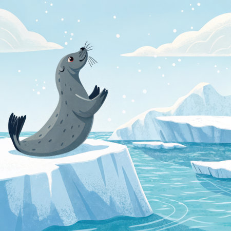 A gray seal with dark spots sits on a white ice floe, raising its flippers as if clapping. The scene is set in a bright blue ocean with icebergs and a light blue sky with white clouds and falling snow.の素材