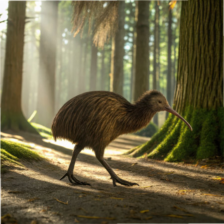 A brown kiwi bird walks on a forest path with dappled sunlight and shadows. Moss covers tree trunks and the ground.の素材