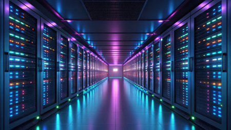 A long server room corridor with rows of illuminated server racks casting colorful blue and purple light onto the reflective floor.の素材