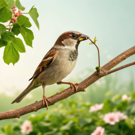 A sparrow with brown and grey feathers sits on a textured tree branch, holding a thin green twig in its beak. Soft pink blossoms and green leaves are visible in the blurred background.の素材