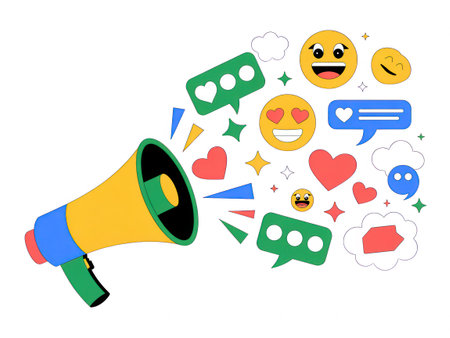 A yellow megaphone emits colorful social media icons, hearts, and chat bubbles against a white background.の素材