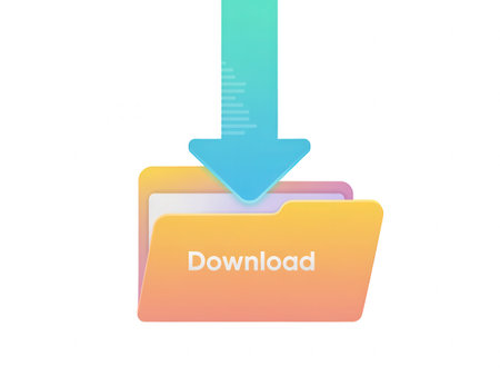 A blue arrow with gradient lines points downwards towards layered folders in gradient orange and pink hues. The word "Download" is visible on the front folder.の素材