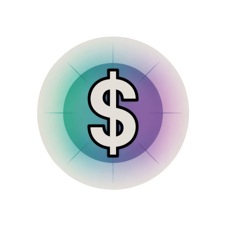 A white dollar sign with a thick black outline is centered within a circular gradient of blue, green, purple, and pink. Thin radial lines emanate from the center.の素材
