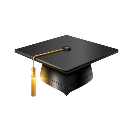 A black graduation cap with a shiny golden tassel rests on a white background.の素材