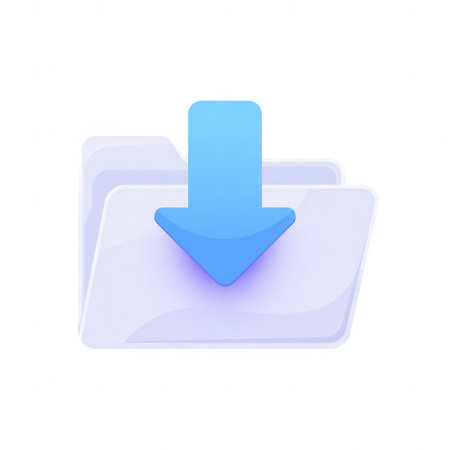 A bright blue arrow points downwards over translucent, layered folder icons. The background is white.の素材