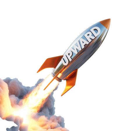 A metallic silver rocket with orange fins blasts off, emitting bright orange fire and white smoke. The word UPWARD is emblazoned on its side.の素材