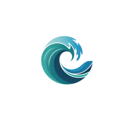 A stylized wave logo in shades of blue and green swirls on a white background. The design features curved lines and a sense of motion.の素材