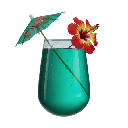 A teal colored cocktail in a clear glass is garnished with a red and yellow hibiscus flower and a small tropical umbrella.の素材