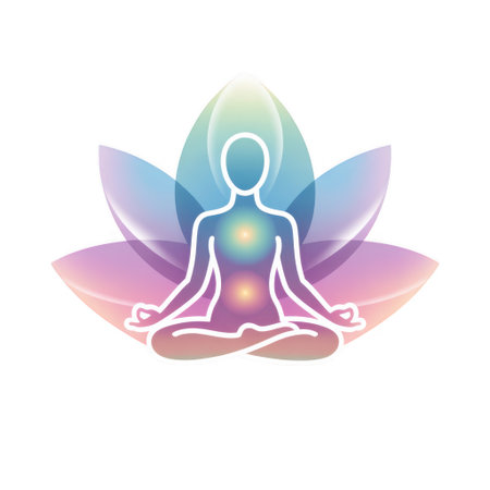 A white outline of a person in lotus pose sits before a large, translucent lotus flower with a colorful gradient of blue purple and pink.の素材