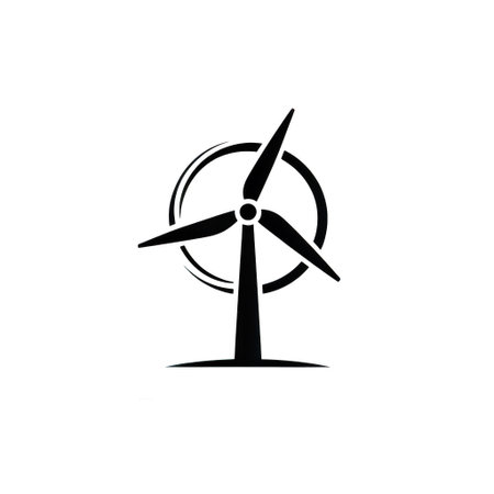 A black line art icon of a wind turbine with three blades and a circular frame is centered on a white background.の素材