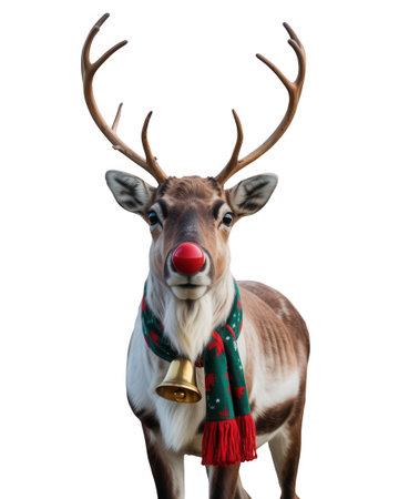 A realistic reindeer with a bright red nose, a green scarf with red fringe, and a golden bell stands against a white background.の素材