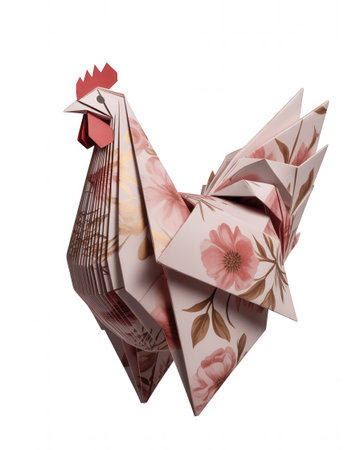 A pink origami chicken with a floral pattern and red comb and wattle is isolated on a white background.の素材