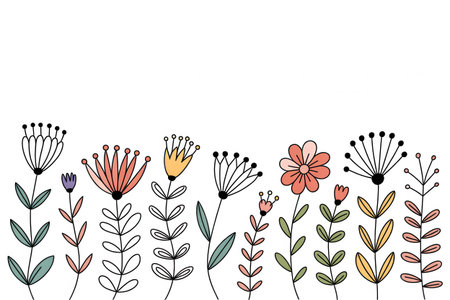A collection of whimsical doodle flowers in pastel colors with black outlines arranged along the bottom of a white background.の素材